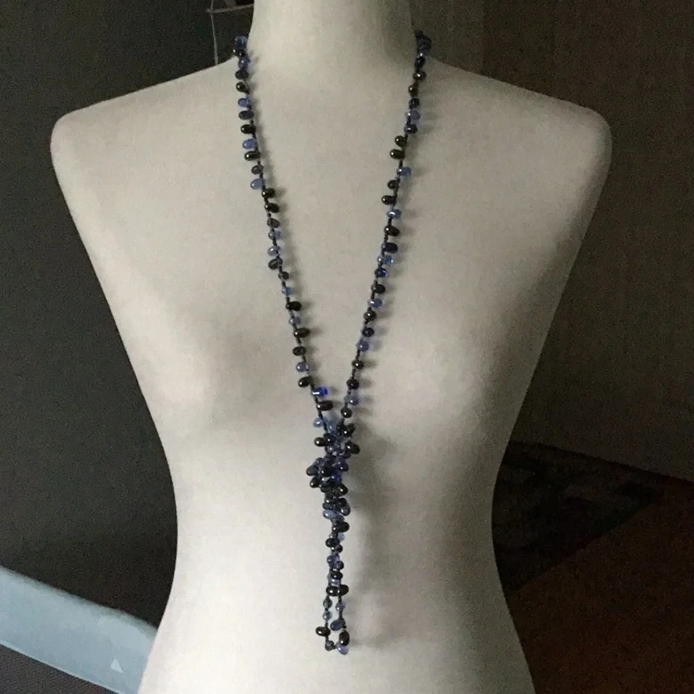 Boho Necklace Blue Glass Teardrop Beaded Long Strand Layering No Clasp‎